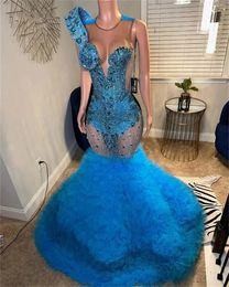 Sexy Blue Crystal Prom Dresses 2024 Ruffel Shoulder Mermaid Designer Party Black Girls See Thru African Bespoke Robe De Bal 322