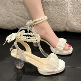 Dress Shoes Women Fashion String Bead Bow Sandals 2023 Summer High Heels Designer Slides Slingbacks Pumps Party Ladies