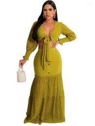 Work Dresses Szkzk Hollow Out Patchwork Women's Set Long Sleeve Tie-up Crop Top And Ruffled Hem Maxi Skirt Sexy Party Two Piece Sets