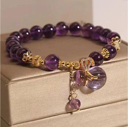 Charm Bracelets Style Lucky Bag Round Ring Natural Amethyst Beads Vintage Beaded For Women Fine Jewellery Accessories