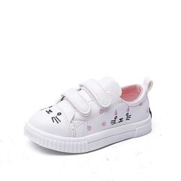 Athletic Outdoor Canvas Girls Shoes Hook Loop Casual Wild Cute Cat Non-slip Low-top Sports White Shoes Soft Bottom For Kids Girls Simple Shoes W0329