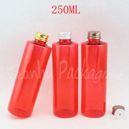 Storage Bottles 250ML Red Plastic Bottle Aluminum Cover 250CC Lotion / Water Shampoo Packaging Empty Cosmetic Container