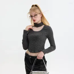 Women's Sweaters 2023 American Style Vintage Half Turtleneck Knitted Sweater Autumn High Waist Midriff Tops Girls Slim Long Sleeve