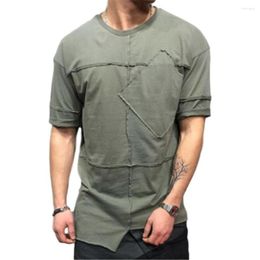 Men's T Shirts MISSKY Men Tshirt Solid Color Short Sleeve Shirt Summer Round Collar Long Casual Splicing Irregular Sports Male Tops