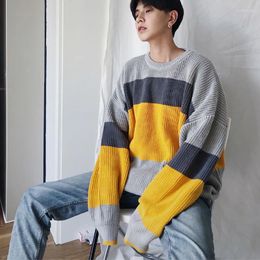 Men's Sweaters Winter Hit Colour Fashion Long Sleeve Men O Neck Sweater Striped Print Loose Harajuku Simple Couple Clothing Top Yellow Navy