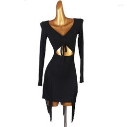 Stage Wear Sexy Latin Dance Dress Women Black Long Sleeves Tassel Rumba Chacha Costumes