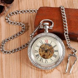 Pocket Watches Retro Silver Mechanical Hand-Wind Men's Watch Antique Stylish Gift Roman Numerals Open Face Pendant Clock Male