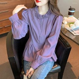 Women's Blouses Pleated Stand Collar Womens 2023 Spring Autumn Long-Sleeved Chiffon Shirt Purple Office Lady All-Matching Tops