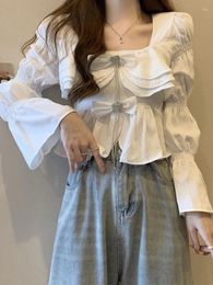 Women's Blouses White Women Korean Fashion Cropped Top Female Elegant Sweet Flare Sleeve Shirt Ladies French Style Bow Slim Blouse