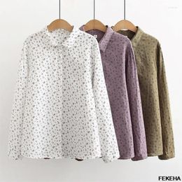 Women's Blouses Women Cotton Yarn Shirts Floral Printed White Long Sleeve Autumn Lady Tops Korean Style