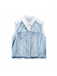 Women's Blouses Nlzgmsj Blue Denim Print Shirt Women Sleeveless Satin Blouse Female Crop Top Spring Button Up Shirts And For