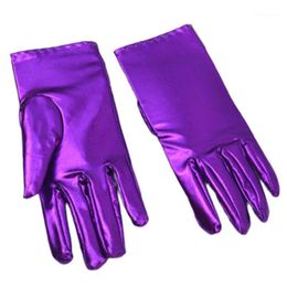 Five Fingers Gloves Faux Pantent Leather Spandex Short Shiny Metallic Solid Colour Mittens