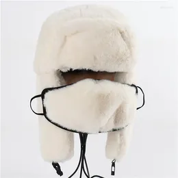 Berets High Quality 2023 Thermo Winter Faux Fur Hat Women Bomber Hats Warm Pink Ski Earflaps Mask Soviet Snow Cap