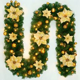 Decorative Flowers Wreaths 27M Christmas LED Garland Decoration Wreath Rattan Green Artificial Xmas Tree Banner 231123