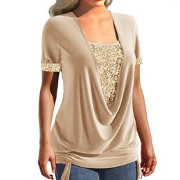Women's Blouses 2023 Elegant Women V Neck Sequins Blouse Lady Streetwear Patchwork Solid Slim Shirt Blusa Spring Autumn ShortSleeve Pullover