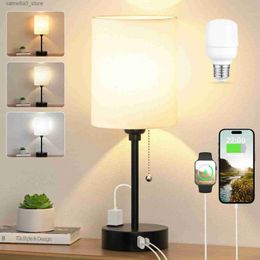 Desk Lamps LED Table Lamp Usb Rechargeable Bedside Lamps with USB C and A Ports Pull Chain Desk Lamp White Lampshade Decoration for Bedroom Q231104