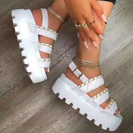 Sandals Women's Sandals Fashion Metal Chain Casual Flat Shoes Comfortable Platform Buckle Roman Sandals Chaussure Ete Femme 230403