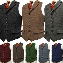 Men's Vests Wool Tweed Slim Fit Leisure Cotton Burgundy Vest Gentleman Herringbone Business Brown Waistcoat Blazer For Wedding Groom 230331