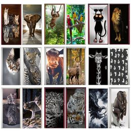 Other Decorative Stickers Animal Door Sticker Cat Tiger Deer Leopard Wallpaper Custom Doors Poster Wall Decal Adhesive 3D Home Design Decor deurstickers 230403