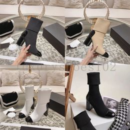 Designer Boots Knit Patent Calfskin SHORT BOOTS Women Chunky Heel Stretch Black White Leather Ankle Boots Slim Leg Elastic High Heeled Shoes