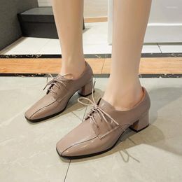 Dress Shoes 2023 Spring And Autumn Fashion Simple Bright Leather Square Headed Lace Up Comfortable High Heel Single Shoe Women's