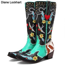 dropship Fashion Mixed Colour Knee-high Great Quality Women Shoes Plus Size 43 Embroider Western Boots Comfy Walking Corral Boots 230403