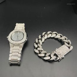 Hip Hop Mens Watches Bracelets Set Fashion Diamond Iced Out Cuban Chain Gold Silver Watch Set With Box 20191266d