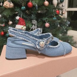 Slippers blue denim cloth sandals metal chains summer shoes woman square toe med-high heels jeans sandalias mujer mary janes shoes 230403