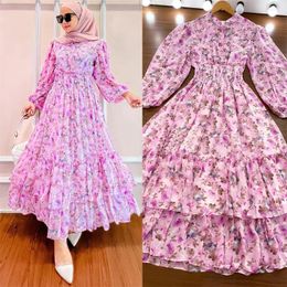 Ethnic Clothing Malaysia Muslim Women Floral Print Ruffles Abaya Long Maxi Dress Turkey Islam Eid Party Dubai Kaftan Arab Robe Jalabiya