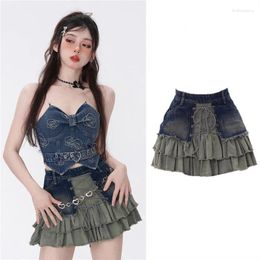 Skirts STSVZORR Patched Cake Skirt Denim Miniskirt Women 2023 Summer A-line High Waist Girls