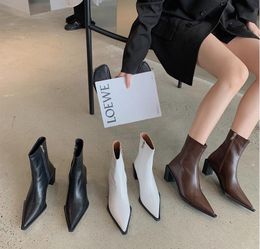 New Skinny cow leather ankle boots with pointed side zippers fashion style mid-heel winter boots