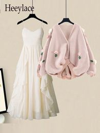 Two Piece Dress Women Spring Two Pieces Sets Korean Long Sleeve Knitted Sweater Cardigan And Ruffles Patchwork Mesh Long Dress Suit 230403