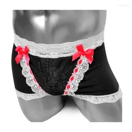 Underpants Lace Sissy Boxer Shorts Panties With Bow Cotton Elastic Sexy Male Slim Underwear Brand Men Gay Low Rise Underpant