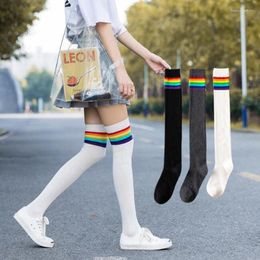 Women Socks Japanese College Style Rainbow Over The Knee Fashion JK Striped Sweet Long Stockings For Ladies Girls