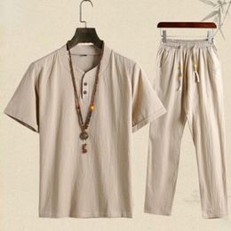 Men's Tracksuits Summer Fashion Men Shirts Trousers Set Cotton And Linen Shirts Short Sleeve Men's Casual Top Pants Men Outfit M-4XL 230403