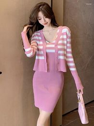 Work Dresses 2023 Korean Chic Fashion Stripe Knitted Suit Women Single-breasted Cardigan Coat Sexy Vest Mini Dress Female Casual Outfits