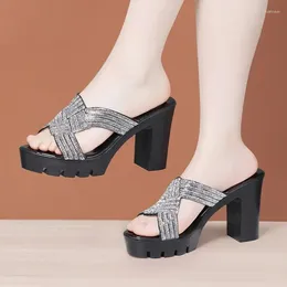 Slippers 10cm Small Size 32-43 Rhinestone Block High Heels Sandals Women Genuine Leather 2023 Platform Slides Office Model Party