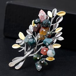 Fashion Flower Brooches Jewellery Natural Stone Retro Tree Brooch For Woman Pins Buckle Wedding Party Bouquet Vintage Accessories