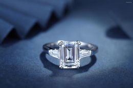 Cluster Rings 3CT Emerald Cut Zircon Silver Ring Rhodium Plated S925 Anniversary Wedding Engagement For Women