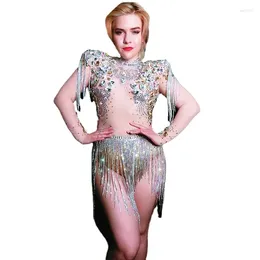 Stage Wear Shining Big Crystals Mesh Sexy Bodysuit Sparkly Rhinestones Chains Fringes Outfit Nightclub Party See Through Costume