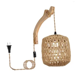 Wall Lamp Adjustable Cord Rustic Handwoven Shade Sconce With Wood Arm For Office Bedroom Hallway Kitchen Island