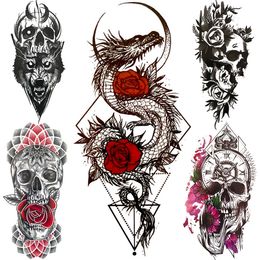 Temporary Tattoos 3D Skeleton Fake Temporary Tattoo For Women Men Death skull Dragon Tattoos Geometric Rose Creative Waterproof Tatoos Chest Waist Z0403
