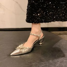 Sandals Silver Summer Women High Heels Pointy Crystal Bow Skinny Heel Temperament Overhead Shoes Sexy Slingback Shallow Pumps