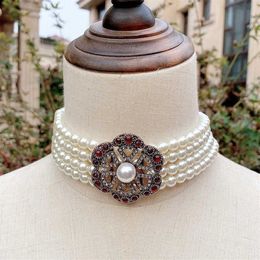 Luxury Ethnic Bride Wedding Choker Antique Gold Color Multilayered Pearl Big Crystal Flower Necklace Morocco Jewelry337a