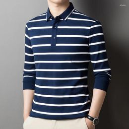 Men's Polos Men Blue Green Navy Black White Striped Cotton Polo Shirts Turn Down Collar Long Sleeve Tops Male Cosy Comfy Clothes Autumn 2023