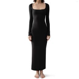 Casual Dresses Women's Square Neck Long Sleeve Maxi Dress Soft Ribbed Athletic Womens For Summer Dressed