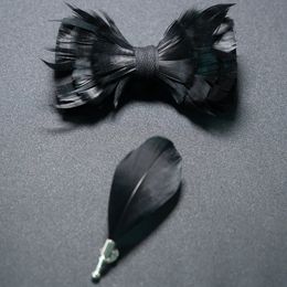 Bow Ties Luxury Wedding Bow Tie for Men Classic Black Pre-tied Bowtie brooch Set Party feather Butterfly Knot Gift Man Accessories 231102