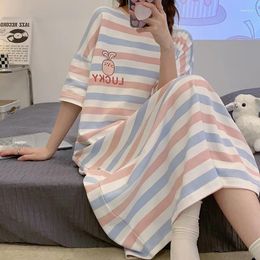 Women's Sleepwear Summer Jacquard Cotton Women Long Nightgown Short Sleeve Nightdress Loose Cute Cartoon Nightwear Home Dressing Gown