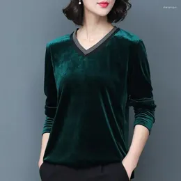 Women's T Shirts Korean Autumn And Winter Golden Velvet Long Sleeved T-shirt Solid V-neck Patchwork Chain Versatile Casual Plush Tops