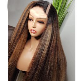 Gluless Highligh Auburn Blonde Wigs Kinky Straight U Part Wigs Side/Middle U Shaped Yaki Straight Ombre Chestnut Brown Vpart Wig